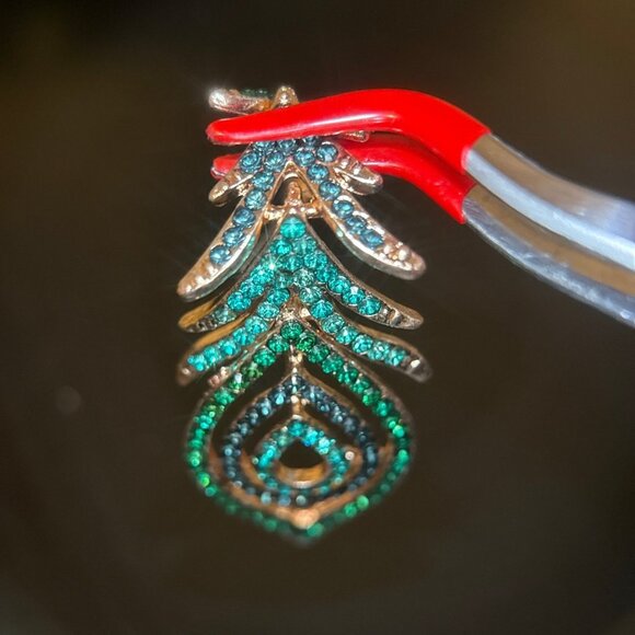 Green Crystals Fish Bone Style Dangle Earrings - Picture 4 of 7